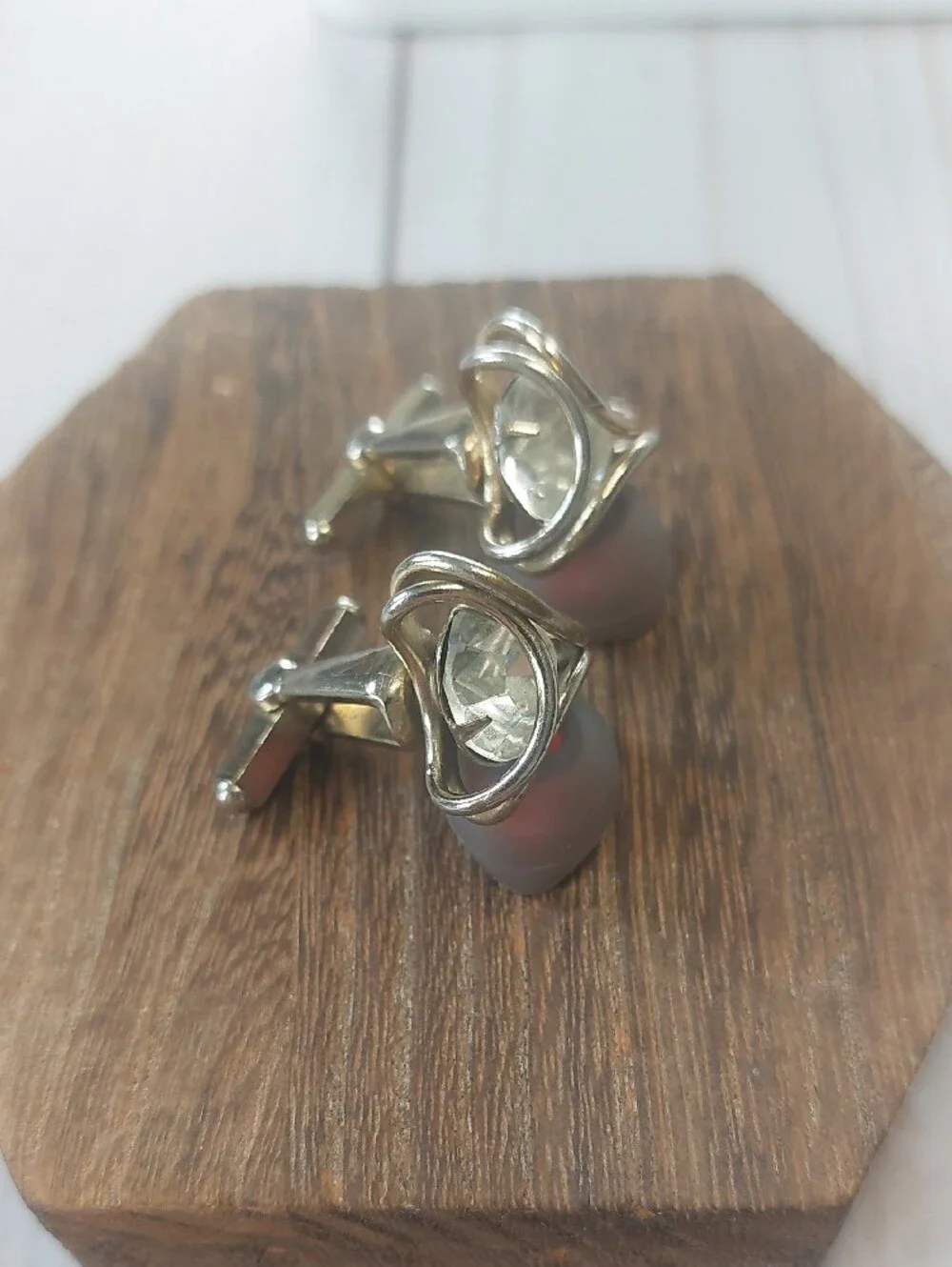 Silver-Tone Men's Cufflinks with Clear Stone Accent
